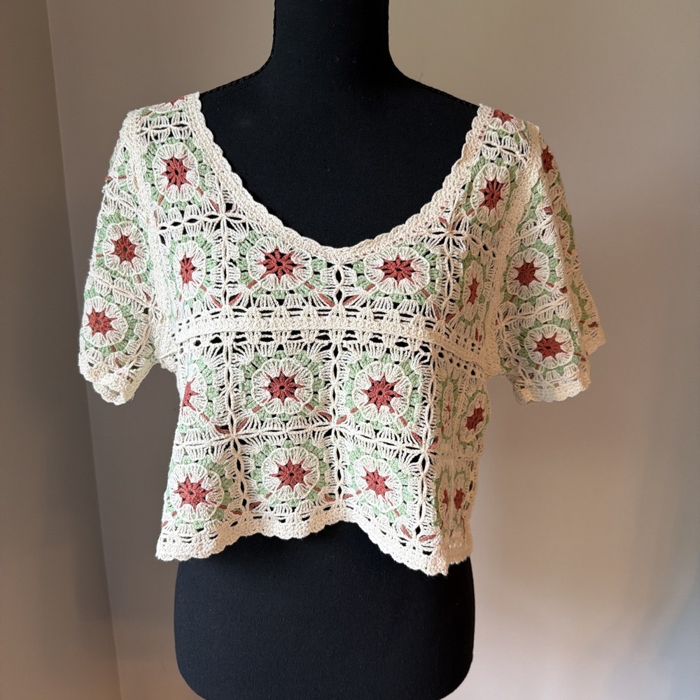 Boho Crochet Granny Square Crop Top OS Festival Cottagecore Hippie Knit Beige